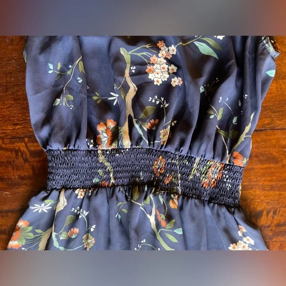 Nanette Lenore Floral Navy Shirred Waist Mock Neck Keyhole Button Tiered Dress - Picture 5 of 10